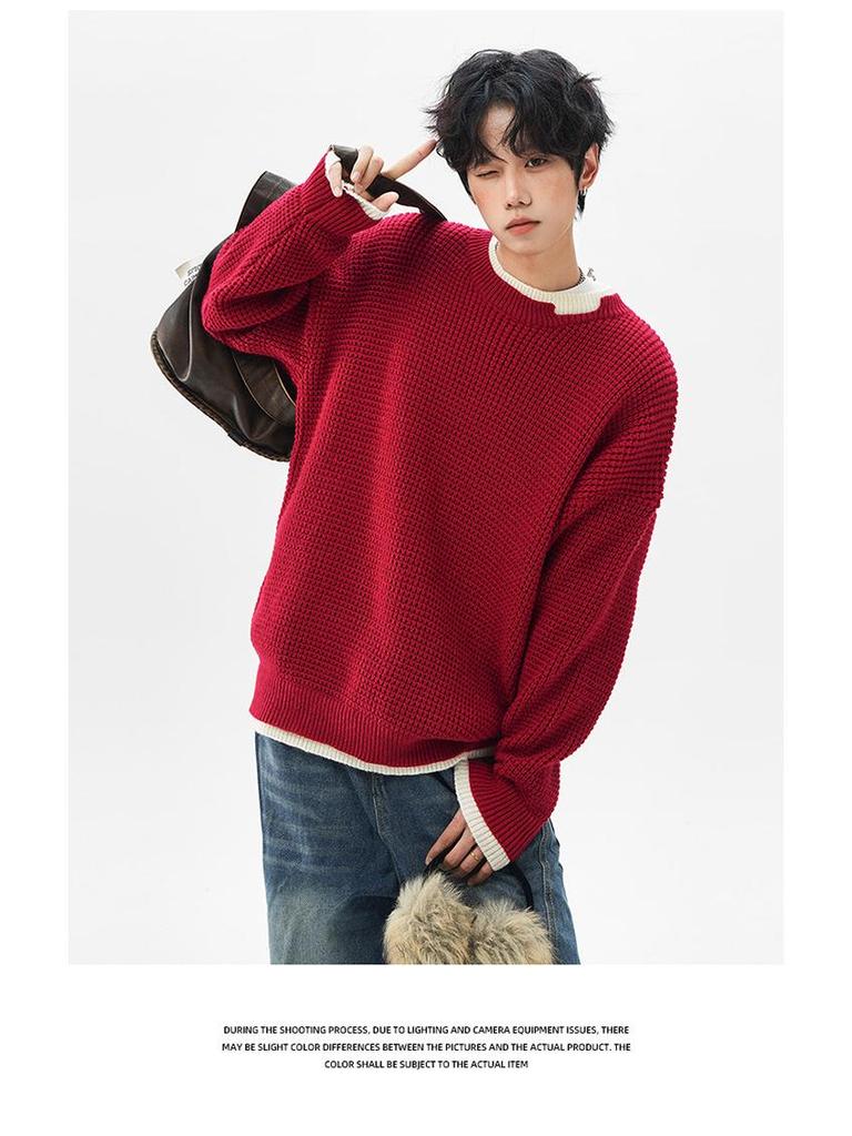 Jian Heng Red Henley Collar Men's Knit Sweater - Loose & Cozy for Autumn/Winter Christmas & New Year