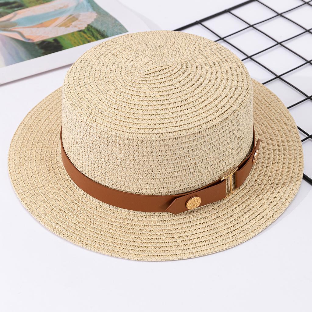 French British Belt Summer Flat Top Hat Women's Big Head Waist Beach Top Hat Beach Holiday Sunshade Sunscreen Straw Hat