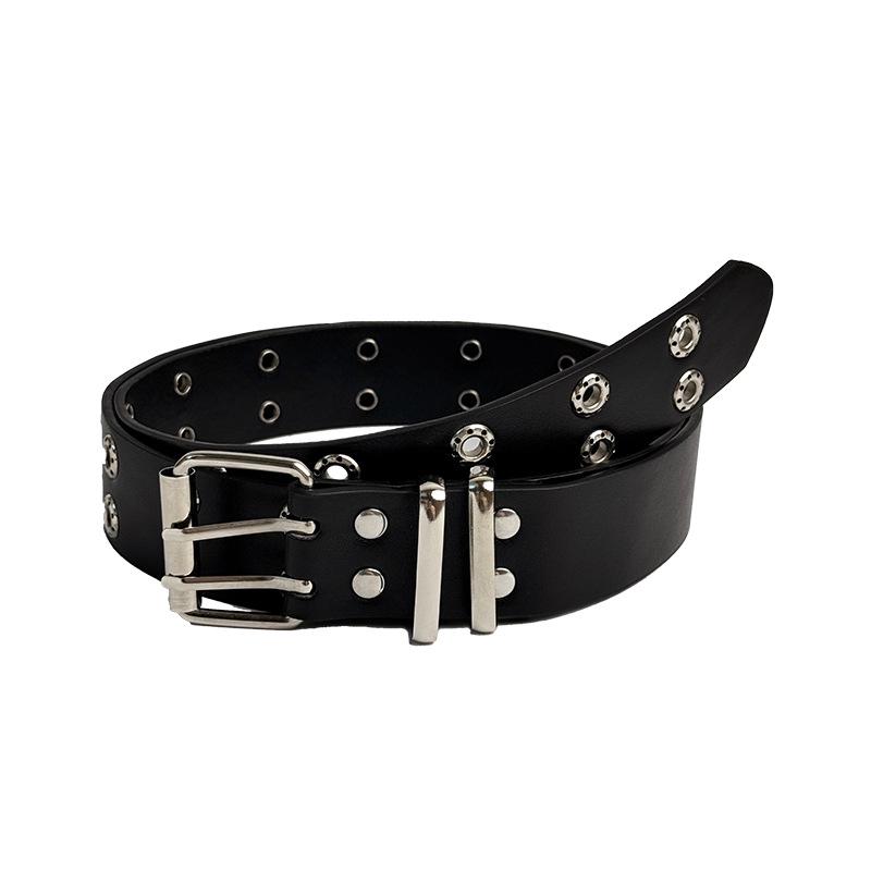 Y2K Punk Black Leather Belt for Women - Cutout Rivet, Double Row Buckle, Full Hole Design
