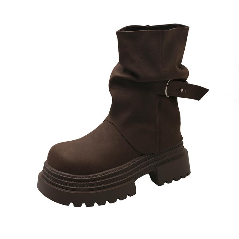 

Ретро платформа рыцарские сапоги женские зарубежный стиль верхняя одежда 2025 осень новые корейская версия на одной педали круглый носок платформа короткие сапоги 40 коричневый