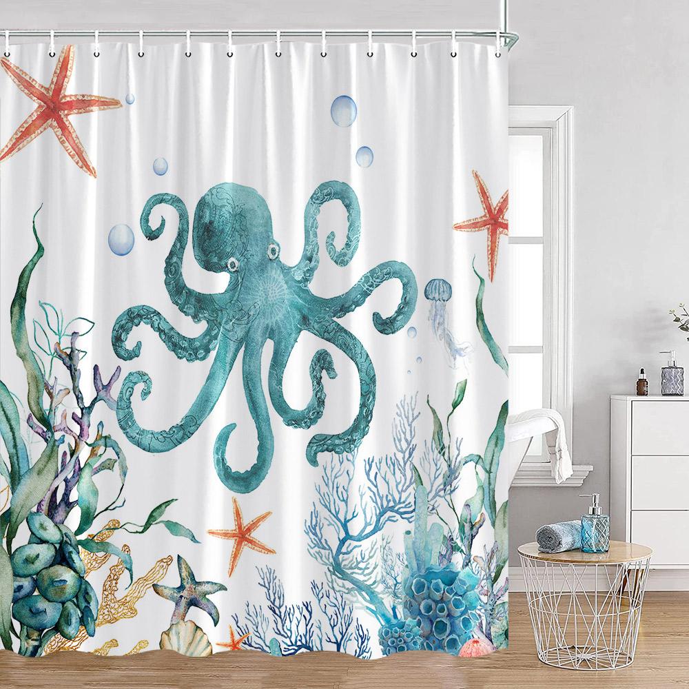 Cartoon Ocean Animals Watercolor Shower Curtains Octopus Turtle Jellyfish Whale Sea Bathroom Decorations Polyester Bath Curtains