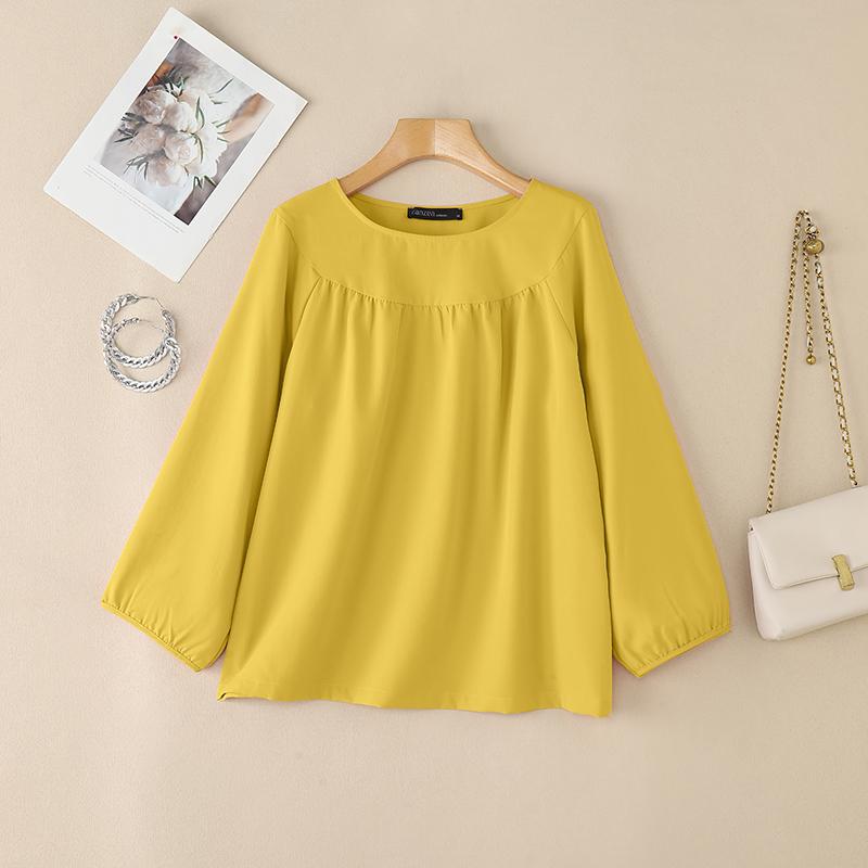 ZANZEA Damen Lässige Lockere Rundhals 3/4 Ärmel Einfaches Hemdbluse