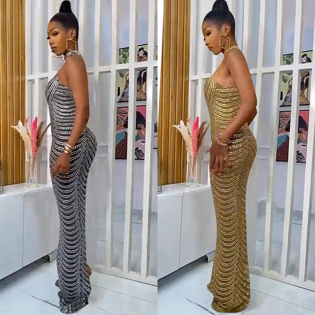 European Fashion Sexy Rhinestone Backless Nightclub Party Dress - See-through Long Dress for Women