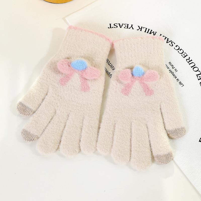 Gestrickte Handschuhe, Damen Herbst und Winter Wolle, warme fünf Finger, niedliche Studenten, die im Winter fahren, neue Schleifen