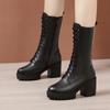 8cm 10cm Small Size 32-43 Genuine Leather Boots Womens Platform Shoes with Fur 2025 Block High Heels Mid Calf Boots Office Model