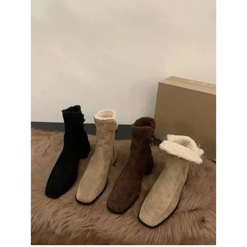 2025 NEW Winter Warm Women Snow Boots Fashion Square Low Heel Ladies Elegant Cotton Short Boots Street Style Square Toe Footwear