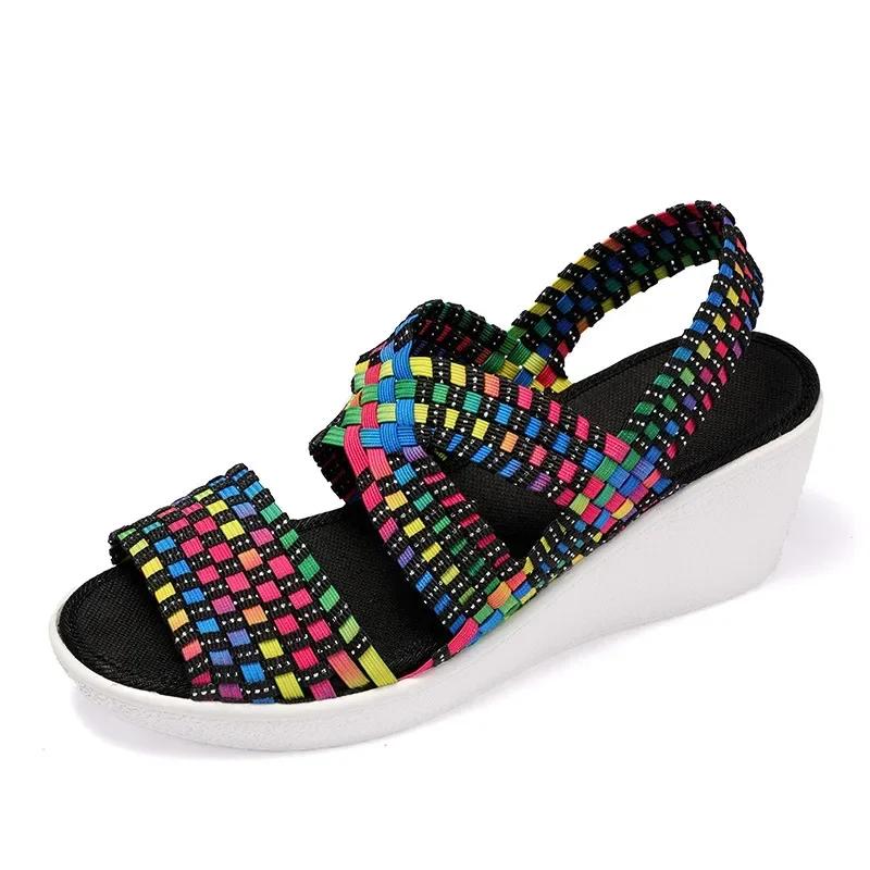 Keilabsatz-Plateau-Websandalen Mode Peep Toe Bequem Atmungsaktiv Mama-Schuhe Damen Casual Dicke Sohle Sandalias Mujer 2024