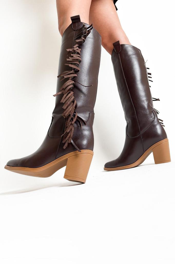 Women Modern Stylish Fashion Boots Genuine Leather Brown Genuine Leather Thick Heel Tassel Western Cowboy Boots