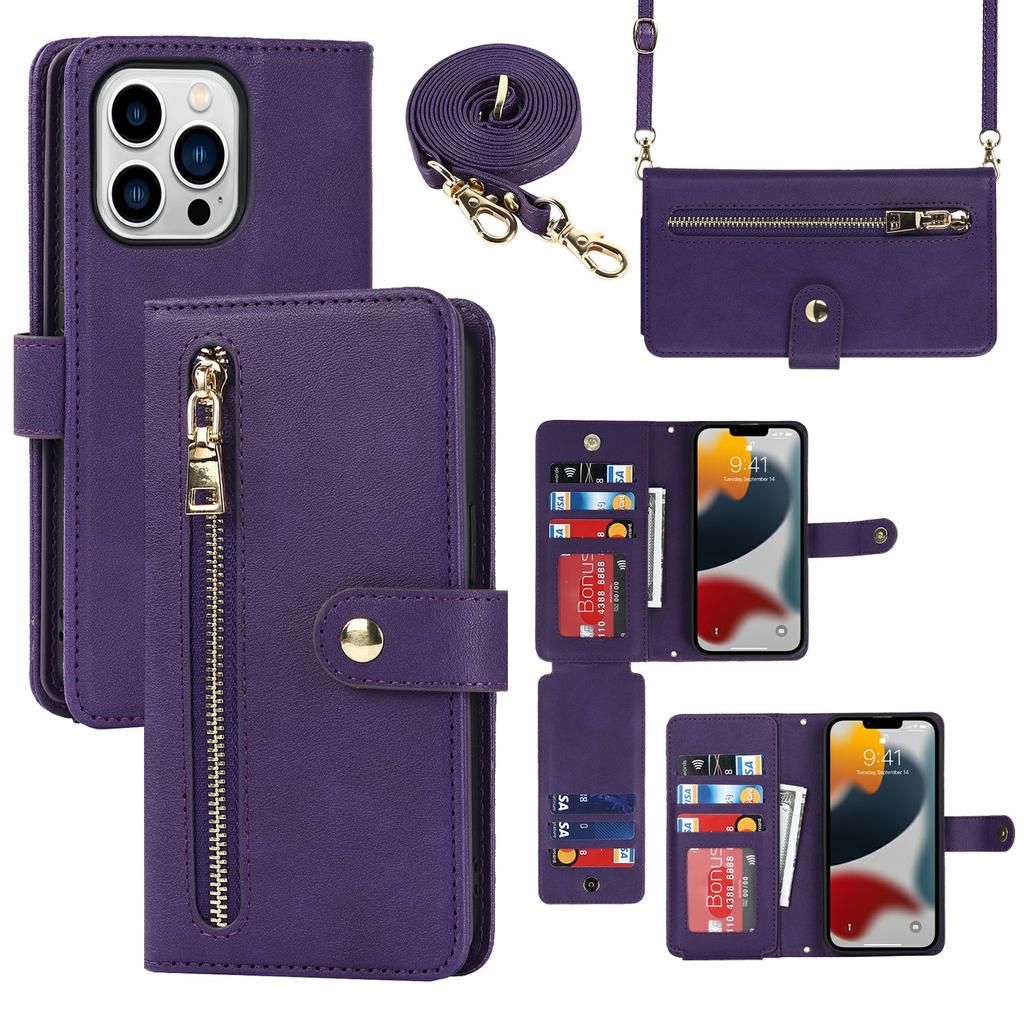 For iPhone 13 Pro Stand Case PU Leather Phone Cover with Straps/Zipper Wallet/Multiple Card Slots