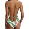 One Piece Swimsuit for Women Deep V Neck Backless Monstera Leaf Print Bathing Suit with Adjustable Straps