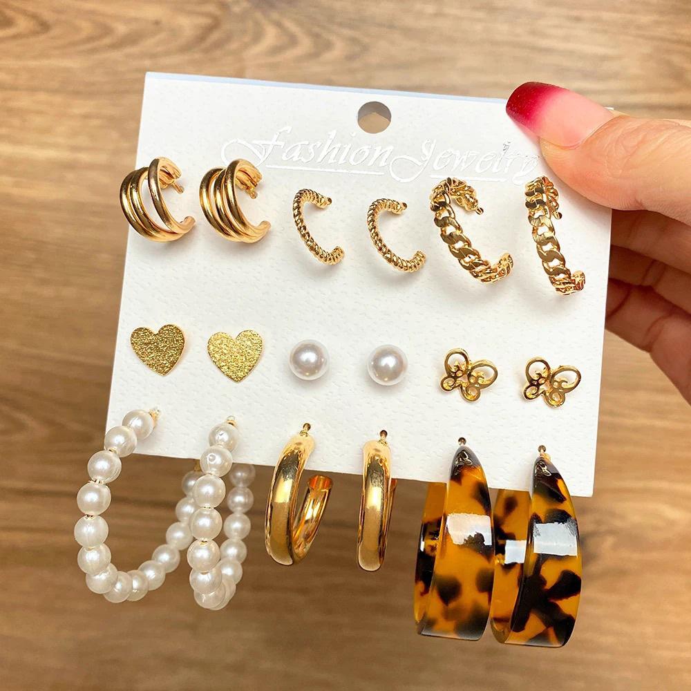 2024 European & American Fashion: Exaggerated Pearl & Crystal Butterfly Stud Earrings - 6 Pairs Set for Women