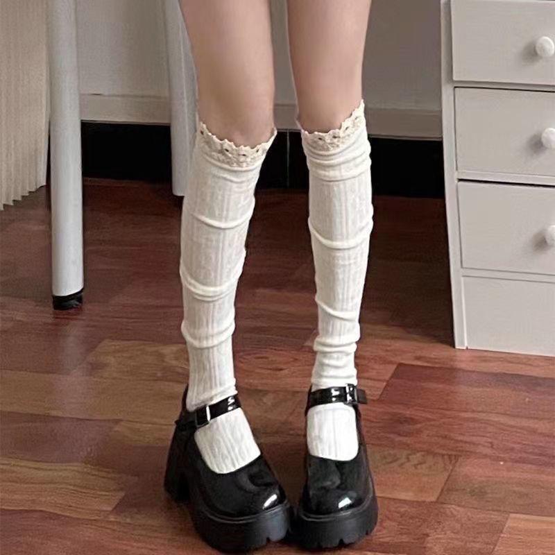 

Women s Autumn-Winter Sexy Lace Knee-High Socks with Ruffles | Gray Simple Knitted Twisted Slimming Over-The-Knee Socks