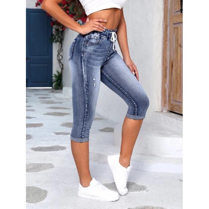 Damskie Spodnie Jeansowe Vintage Lato Wysoki Stan Slim Fit Sznurek w Pasie Spodnie Capri Streetwear Krótkie Spodenki Jeansowe Collant