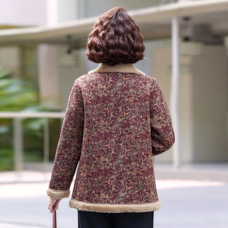Fashionable Lapel Winter Coat for Middle-Aged & Elderly Women, Plus Velvet, Thickened, Warm Sherpa Fleece Cotton Jacket