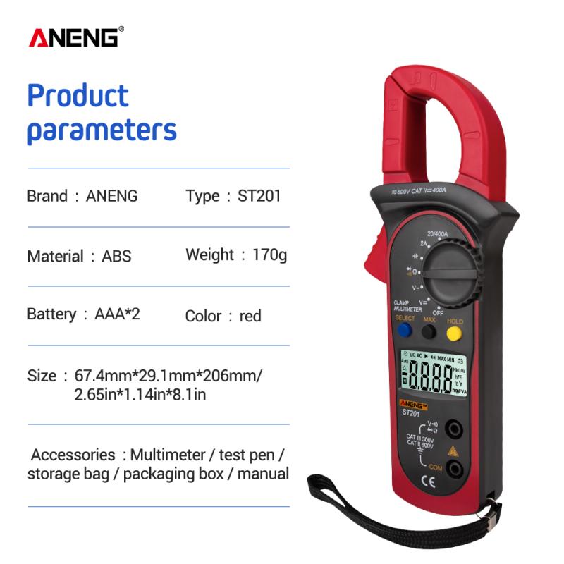 ANENG ST201 Digital Clamp Multimeter Ammeter Transistor Tester Voltage Tester Red Color