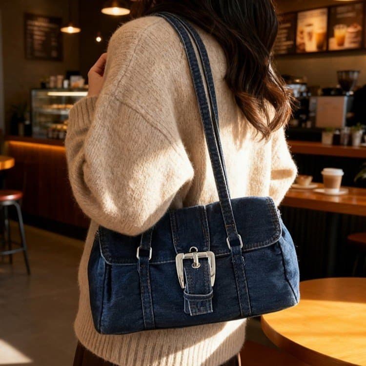 

Retro locomotive denim armpit bag women s shoulder bag