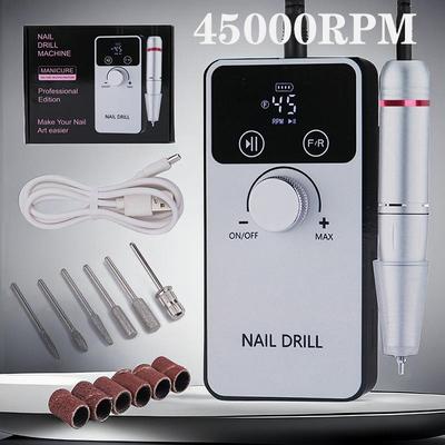 45000 U/min Elektrische Nagelbohrmaschine mit LCD-Display Wiederaufladbare Nagelfeile Nägel Zubehör Gel-Nagellack-Schleifgerät Geräuscharm