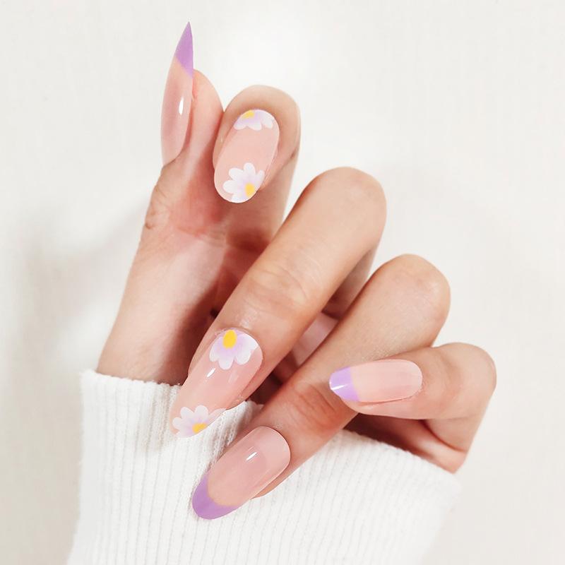 Medium and long Ballet Nail Art Patch Wearing Nail Finished Purple Flower White Less nails Internet celebrities