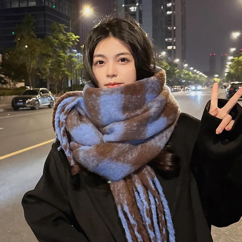 Women Plain 100% Cotton Winter Warm Scarf YARN DYED Knitted Scarves синий