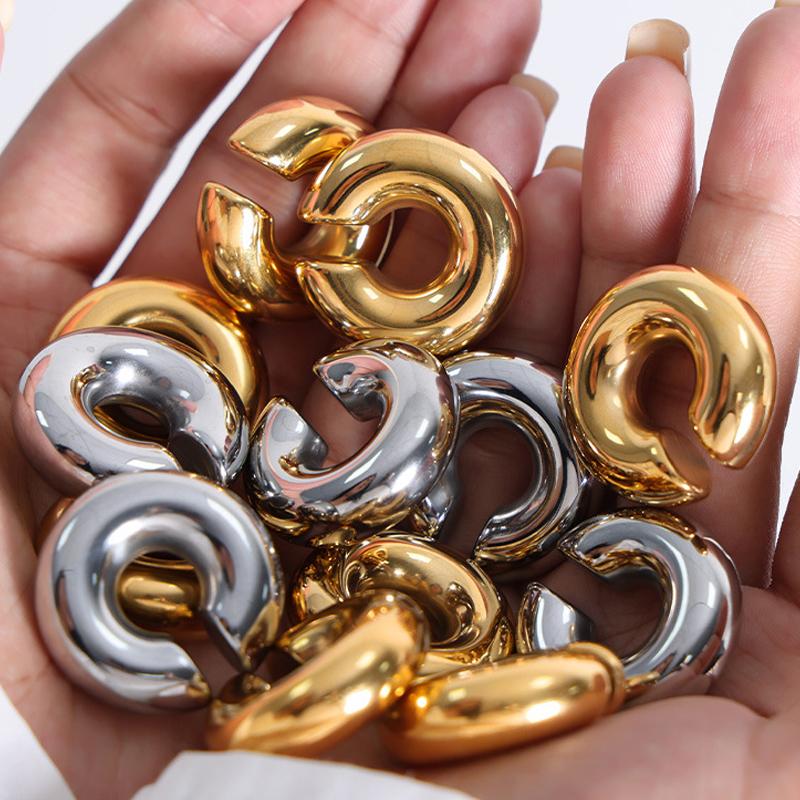 Stainless Steel Chunky Round Circle Clip Earring for Women Gold Color C Shape Ear Cuff Stud Tube Thick Earclips Jewelry