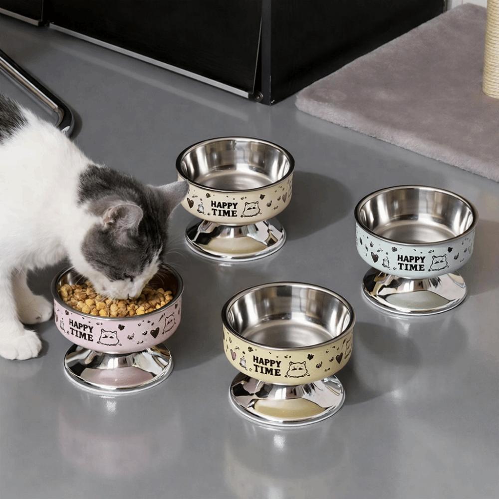 Stainless Steel Pet High Foot Bowl Cartoon Pet Food Bowl Cute Elevated Cat Bowl  Pet Accessories