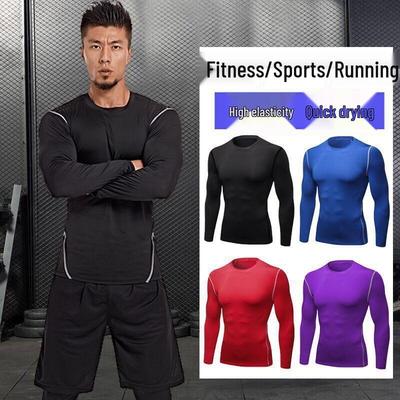 Men's Colorful Quick-Dry Compression Tights Long Sleeve Running Shirt - Breathable Elastic Base Layer for Sports Fitness