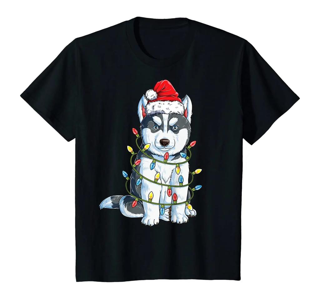 Siberian Husky Santa Christmas Tree Lights Xmas Gifts T Shirt 100 Cotton Short Sleeve ONeck Casual Tshirts New Size S3XL