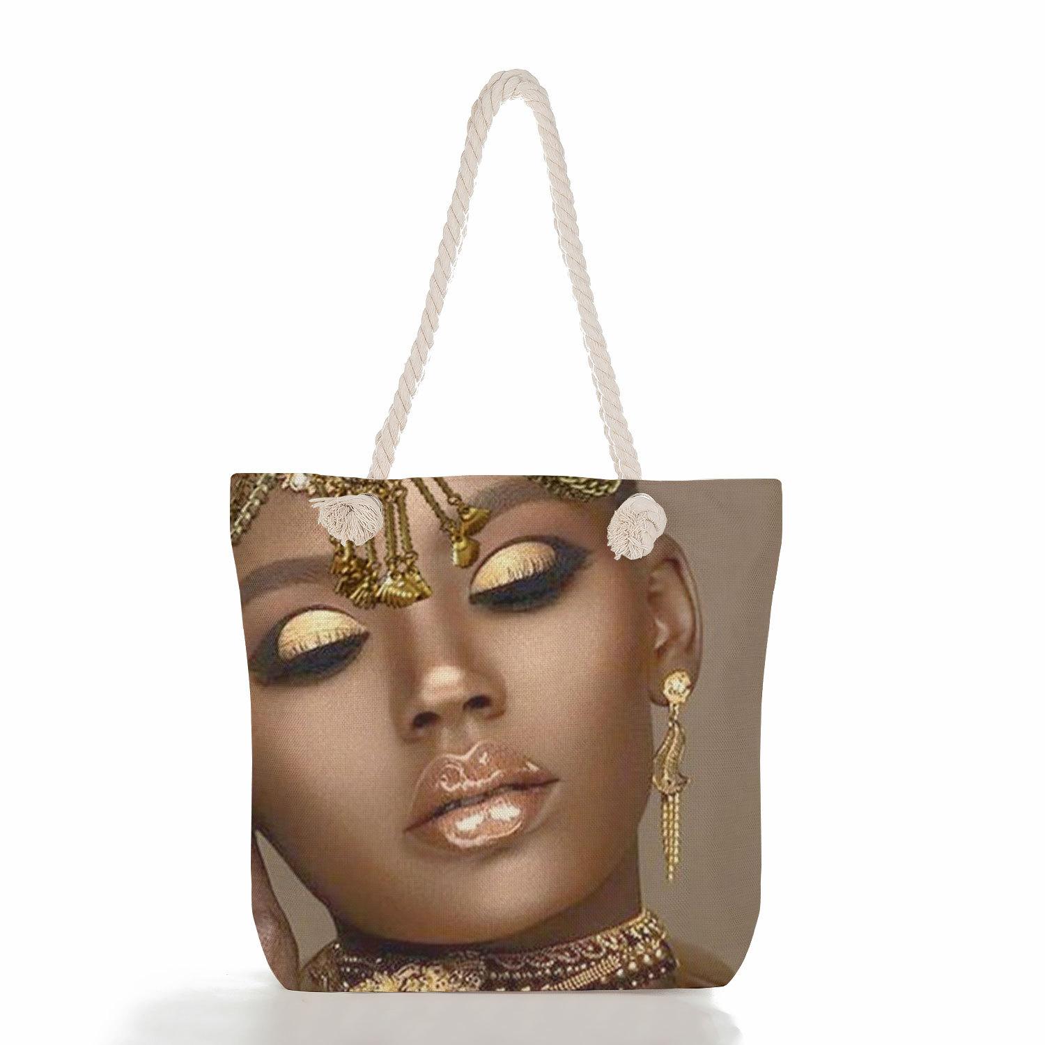 Multifunctional Black Girl Printed Thick Rope Shoulder Beach Bag Casual large capacity handbag 0104