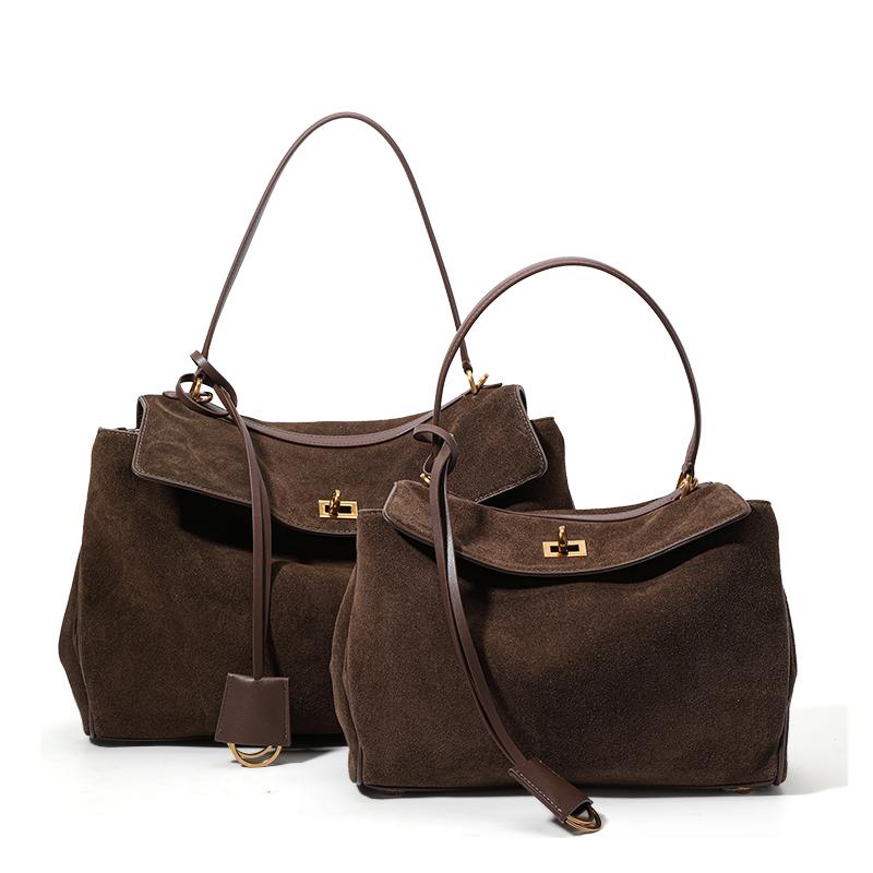 Ekte Dobbeltlags Lær Skulderveske for Kvinner - Brun Semsket Håndveske med Gullbeslag, Klassisk Tote for Daglig Bruk & Arbeid