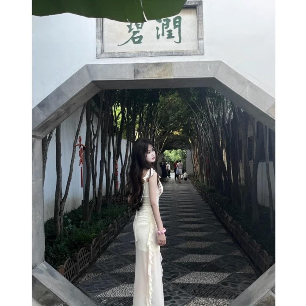 Windschlitz Trägerkleid Damen Sommer Süß Xiaofei Ärmel Taille Mesh Rock Unregelmäßiges Langes Kleid