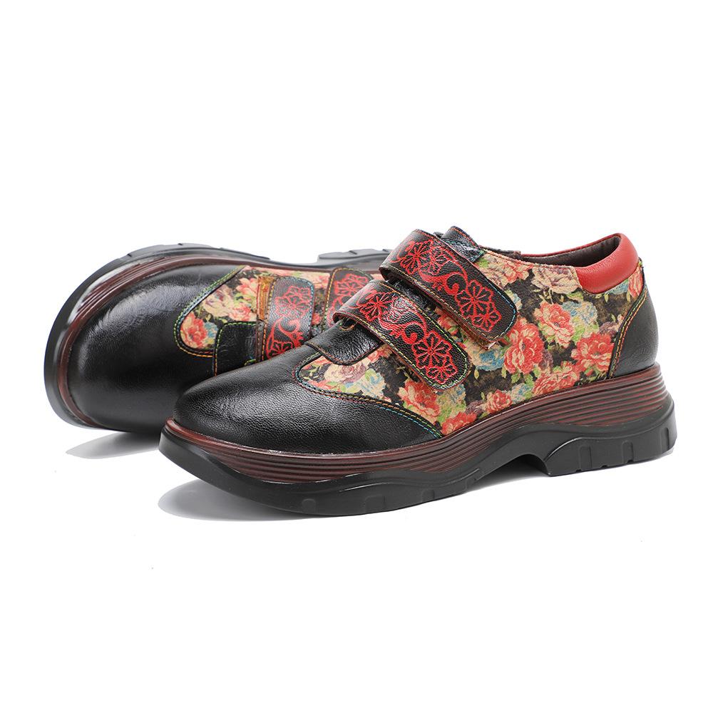 Johnature Retro Women Flats Shoes Genuine Leather Patchwork Printed Round Toe Comfortable Casual Platform Shoes