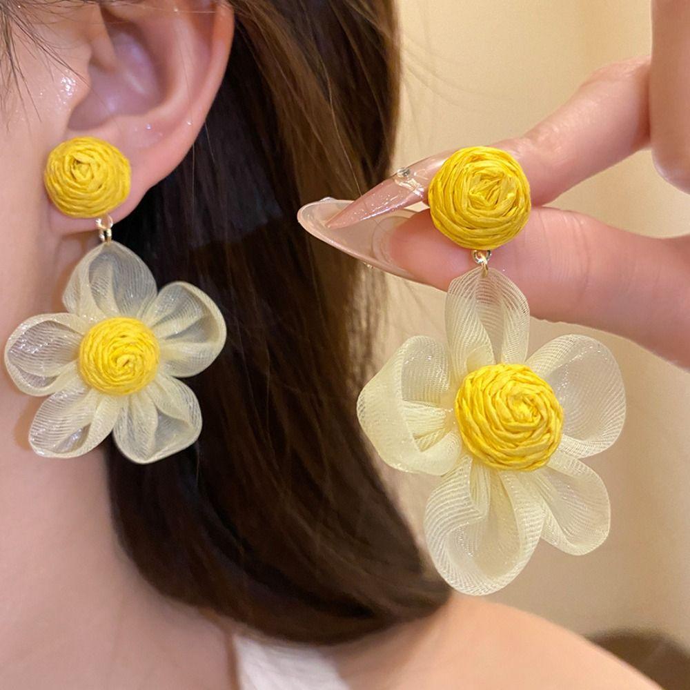Sunflower Multi-colored Ear Accessories Raffia Flower Ear Drop Handmade Wood Drop Earrings  Daily