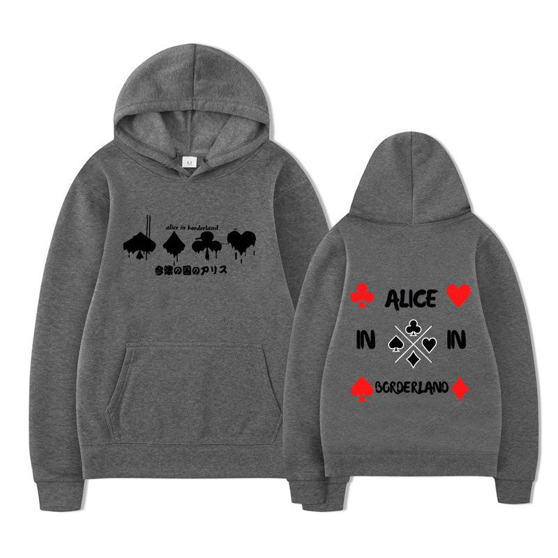 Alice in Borderland Hoodie – Unisex Black Double Sided Fleece Sweatshirt, Playing Card Suits & Japanese Kanji Drip Print, AIB Anime Streetwear