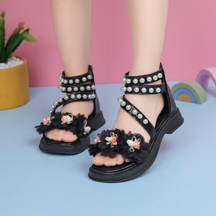 Children's Beach Shoes Breathable Summer Girls Flowers Sweet Cute Sandals Soft Sole Roman Shoes Middle Older Kids Princess Shoes