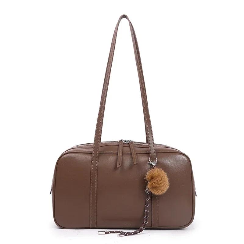 

Women s Cow Genuine Leather Shoulder Bags Ladies Fashi Designer Luxury Handbags Female Retro Commute Bost Cowhide Handbag 34x12x19.5cm коричневый