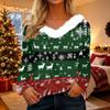 Women's Casual Christmas Print V-Neck Top with Plush Collar and Long Sleeves