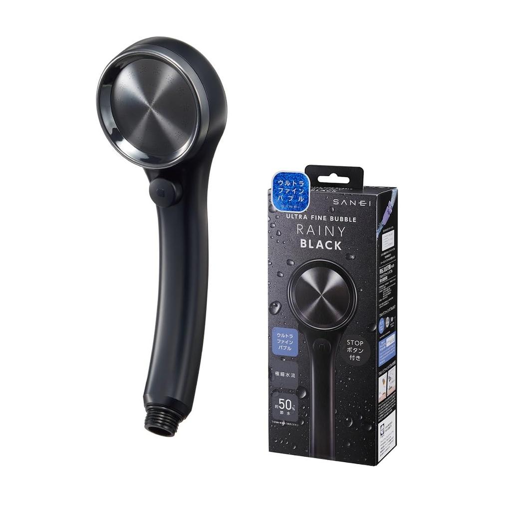 SANEI Ultra Fine Bubble Shower Rainy Made in Water Water Matte Head, Black, Japan, Ultra-Fine Flow, Hand-Operated Stop, 50% Saving, Black,