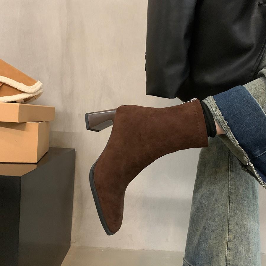 Women's high-heeled short boots 2025 new autumn and winter French retro suede thick-heeled thin boots foreign-style Korean small ankle boots