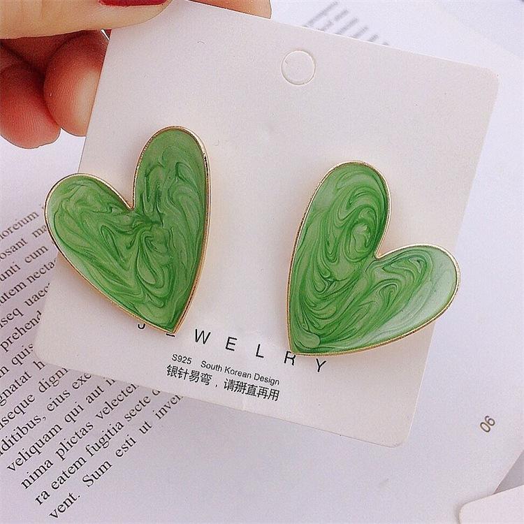 Fashionable Ear Clips Green White Enamel Large Heart Shaped Ear Clip Earrings New Ear Accessories