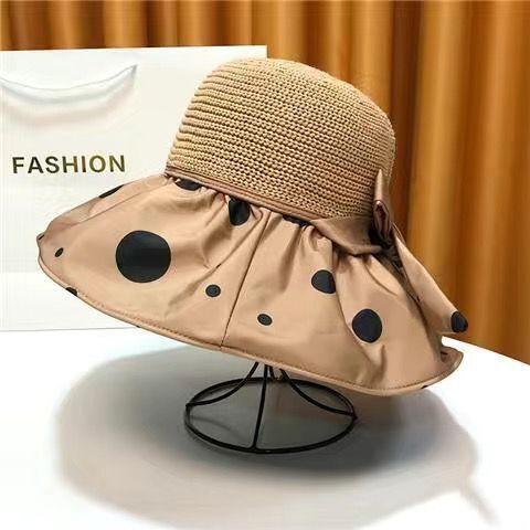 

Spring and summer hat women s vinyl bow sun hat hollow breathable straw hat big brim face covering sunscreen bucket hat