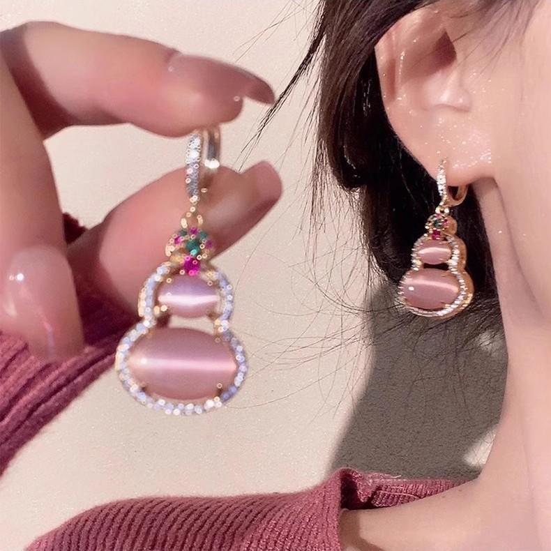 Pink opal gourd earrings women's light luxury flash zirconium ear buckles new Chinese retro explosive earrings