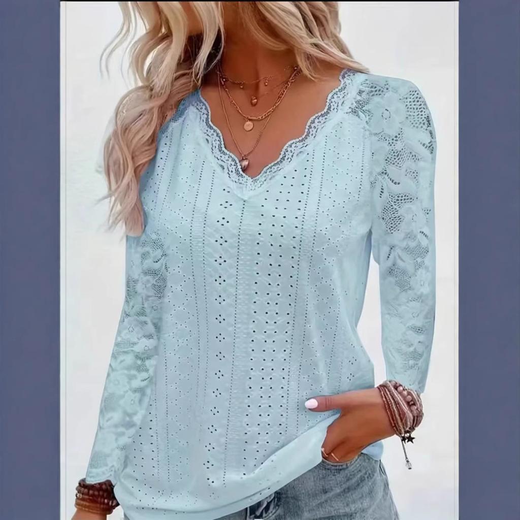 Vår og høst Langermet Blonde Patchwork Hul Topp Moderne Dame T-skjorter