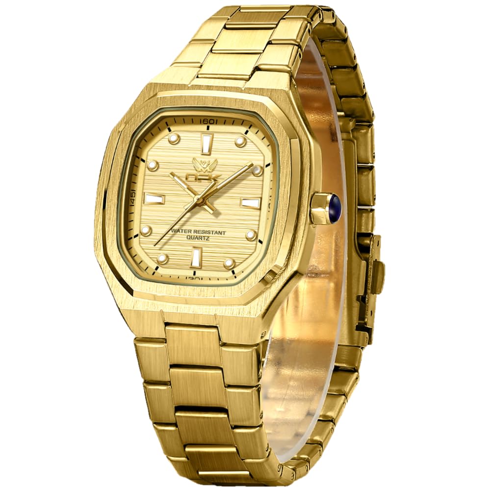 OPK Men's Quartz Analog Watch, Waterproof, Luminous, Stainless Steel Band, Simple and Stylish, Perfect for Students and Business, Gold