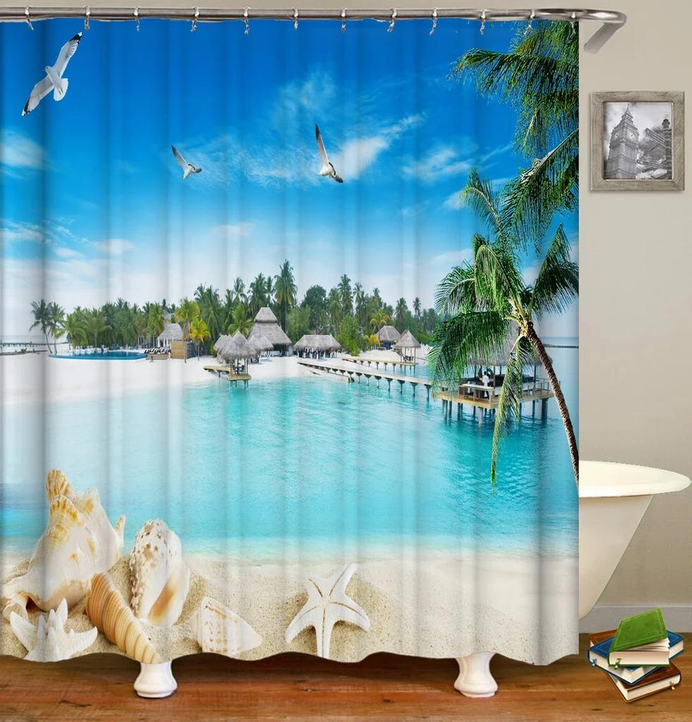 Sunny Beach Seaside Scenery 3D Printing Shower Curtain Large Size Waterproof Polyester Home Decor Curtain With Hooks