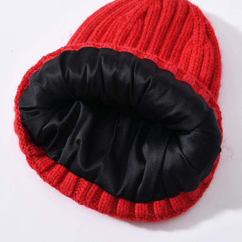 Versatile series adult rabbit velvet knitted hat solid color lined outdoor satin lining wool hat source