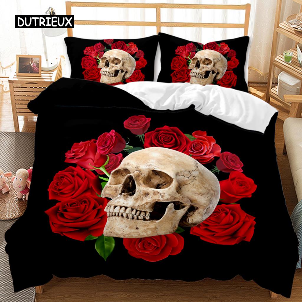 Skull Duvet Cover Set Queen 3D Skeleton Floral Skull Pattern Printed Bedding Qulit Cover Gothic Microfiber Bedding Queen Size