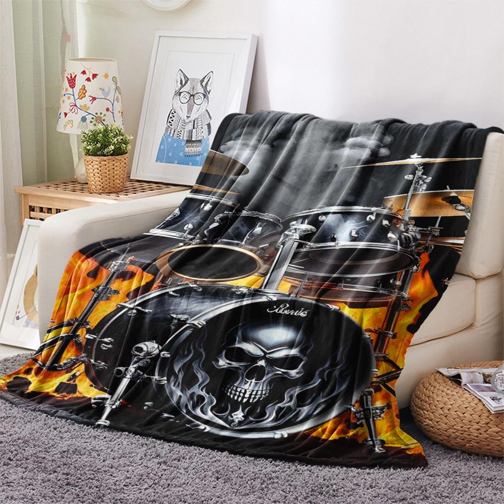 1Pc Drum Set Print Flannel Blanket, High Quality Comfortable for All Seasons, Home Decor, Warmth and Comfort, Perfect for Gifts