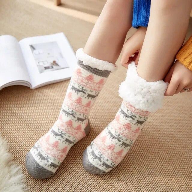 Winter Warm Socks Women Plush Soft Female Non Grip Floor Slippers Short Sock Fuzzy Fluffy Deer Elk Bear Christmas Gift