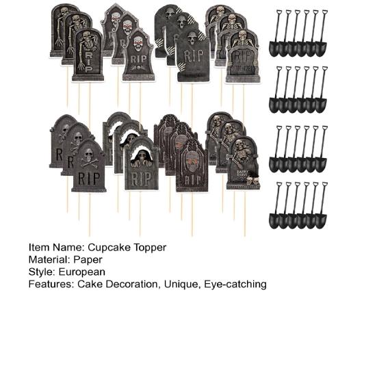 48 Pcs Halloween Cupcake Toppers Tombstones Graveyard Cake Decorations with Mini Shovel Spoons for Halloween Birthday Party Supplies
