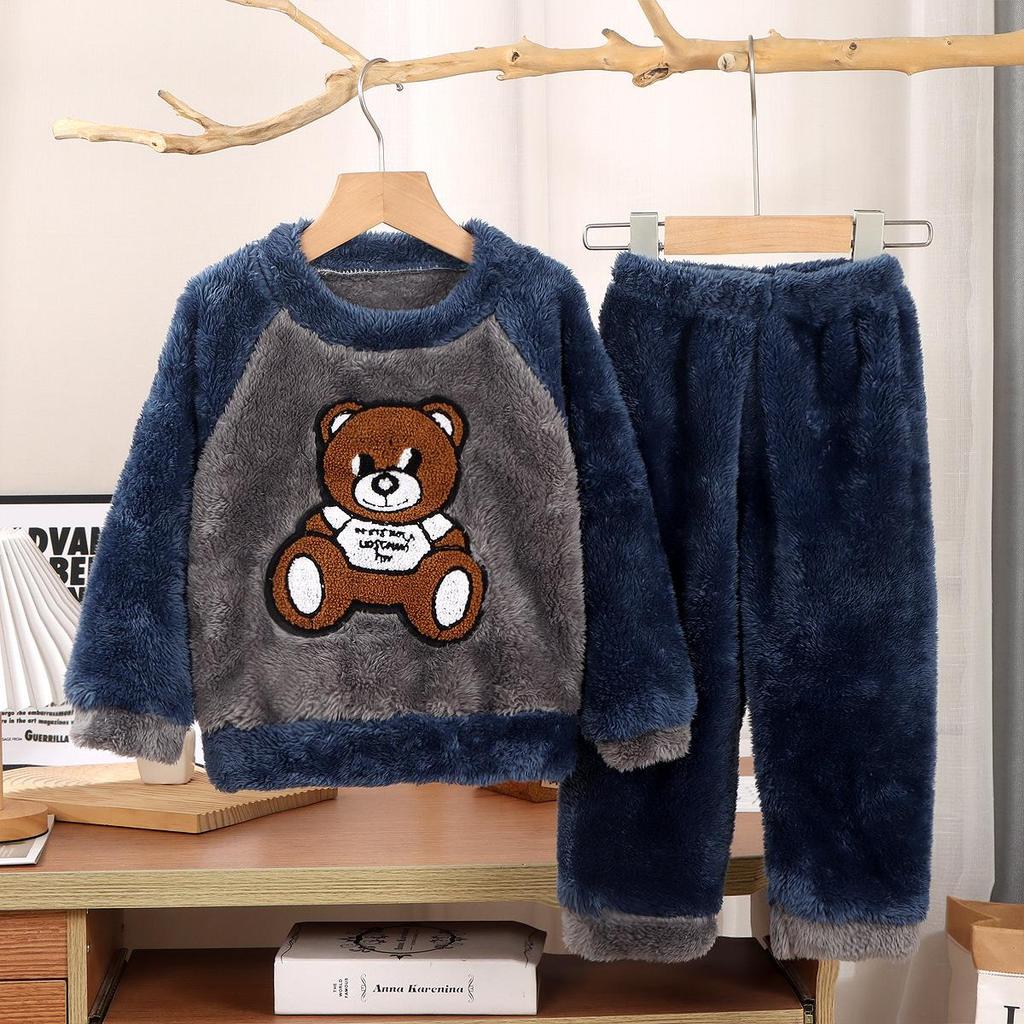 Kids' Flannel Pajama Set - Thick Coral Fleece, Long-Sleeved, One-Piece Sleepwear for Boys & Girls, Perfect for Autumn/Winter.